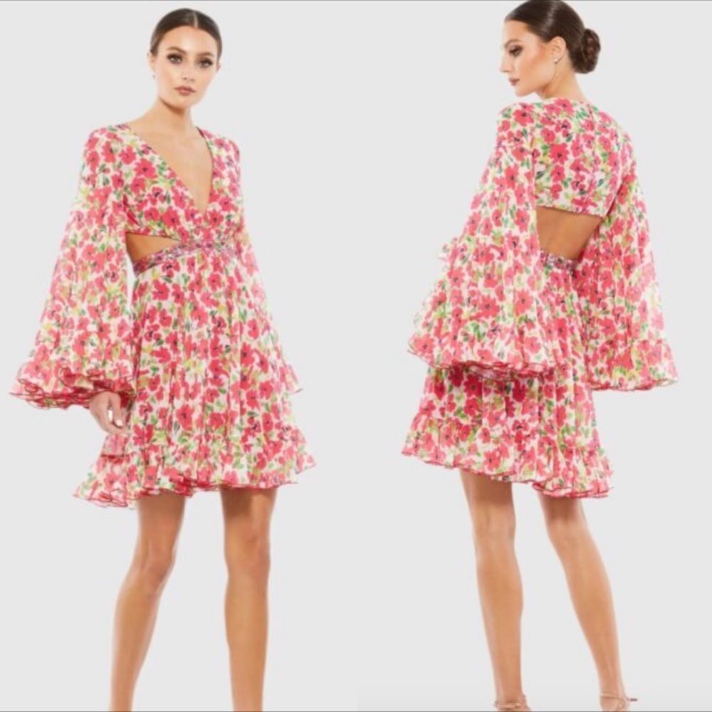 Mac Duggal 9158 Floral Chiffon Bell Sleeve Ruffle Mini Cocktail Dress | Size 2